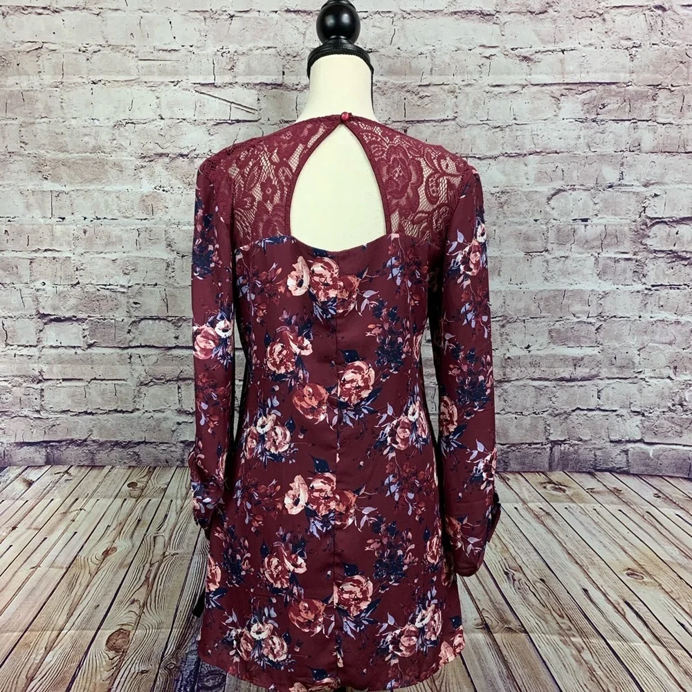 Speechless Burgundy Floral Long Tie Sleeve Lined Dress